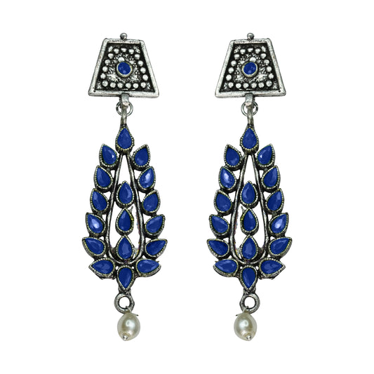 Blue Stone Studded Statement Earrings With Hanging Pearls