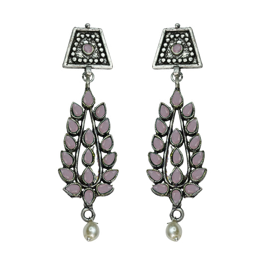 Baby Pink Stone Studded Statement Earrings With Hanging Pearls