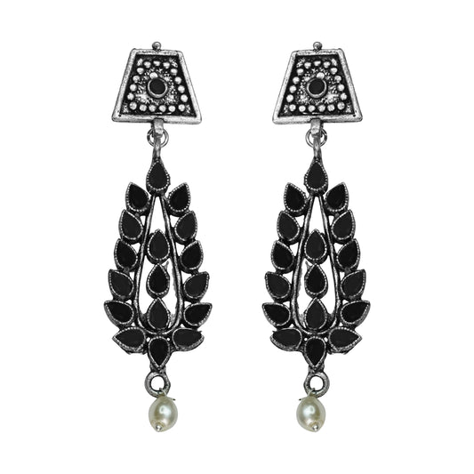 Black Stone Studded Statement Earrings With Hanging Pearls