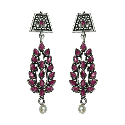 Red Stone Studded Statement Earrings With Hanging Pearls