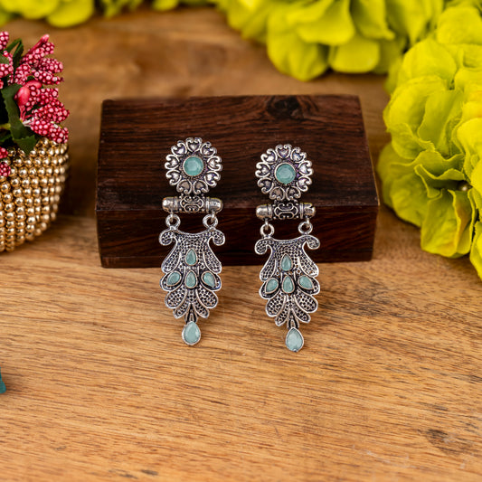 Mint Stone Studded Rajwada Style Oxidised Earrings