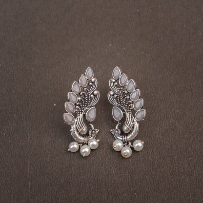 Grey Stone Studded Peacock Motif Stud Earrings With Hanging Pearls