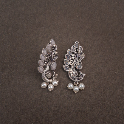 Grey Stone Studded Peacock Motif Stud Earrings With Hanging Pearls