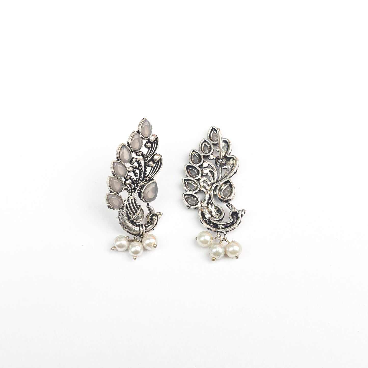 Grey Stone Studded Peacock Motif Stud Earrings With Hanging Pearls