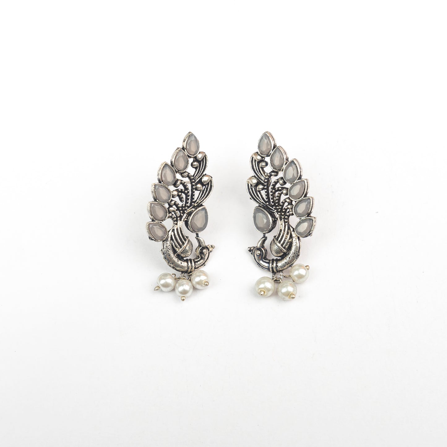 Grey Stone Studded Peacock Motif Stud Earrings With Hanging Pearls