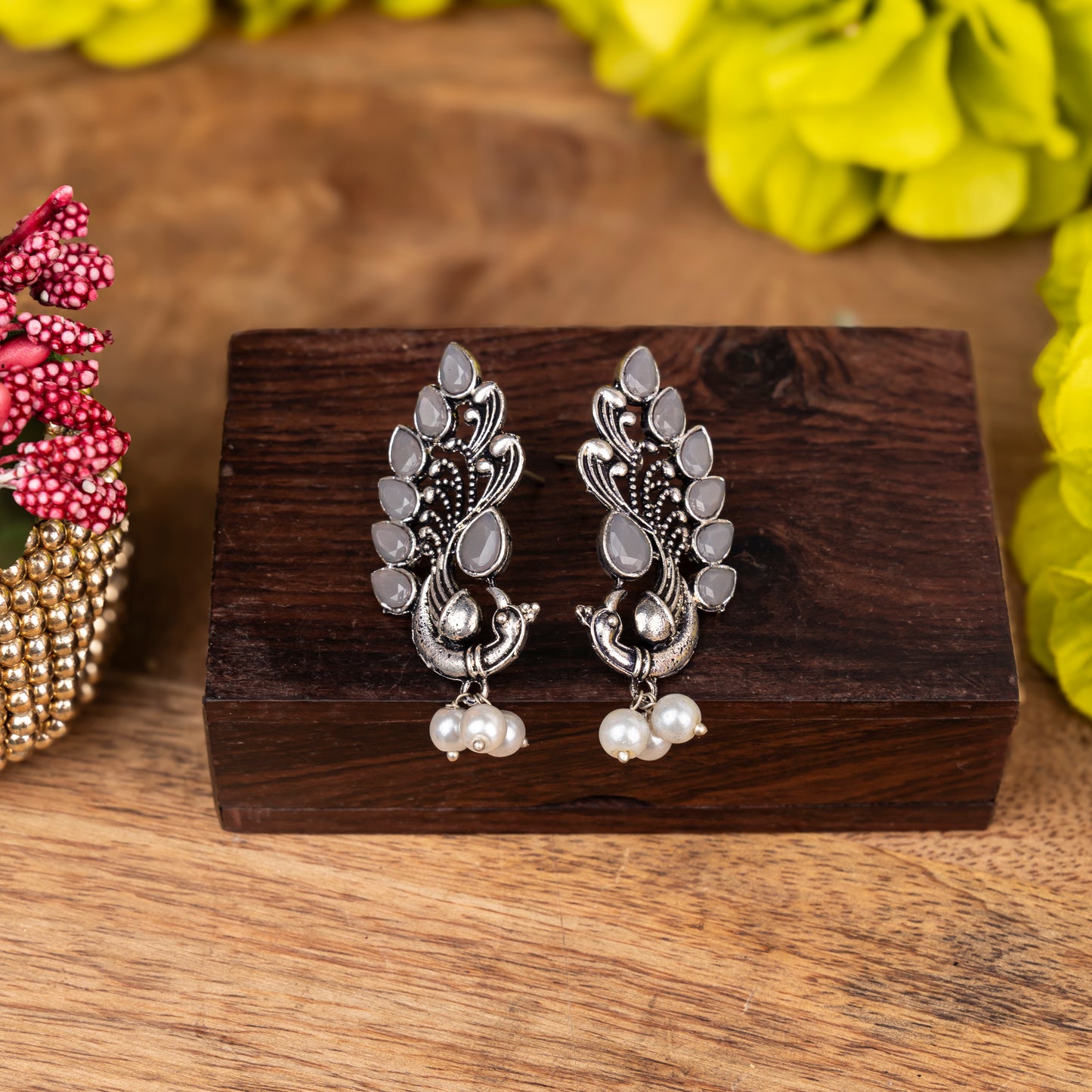 Grey Stone Studded Peacock Motif Stud Earrings With Hanging Pearls