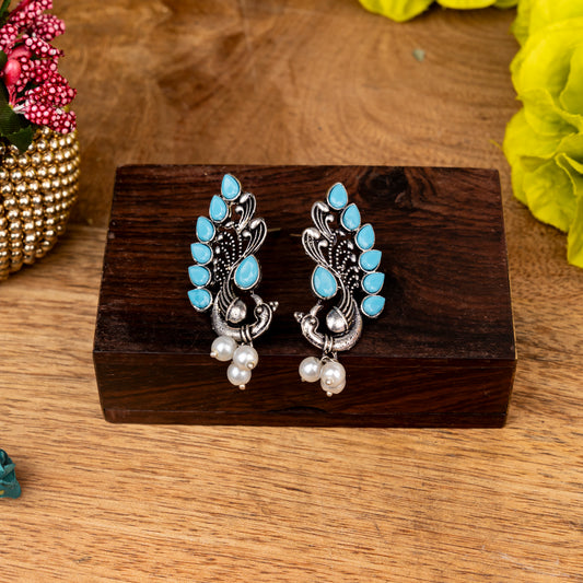 Sky Blue Stone Studded Peacock Motif Stud Earrings With Hanging Pearls