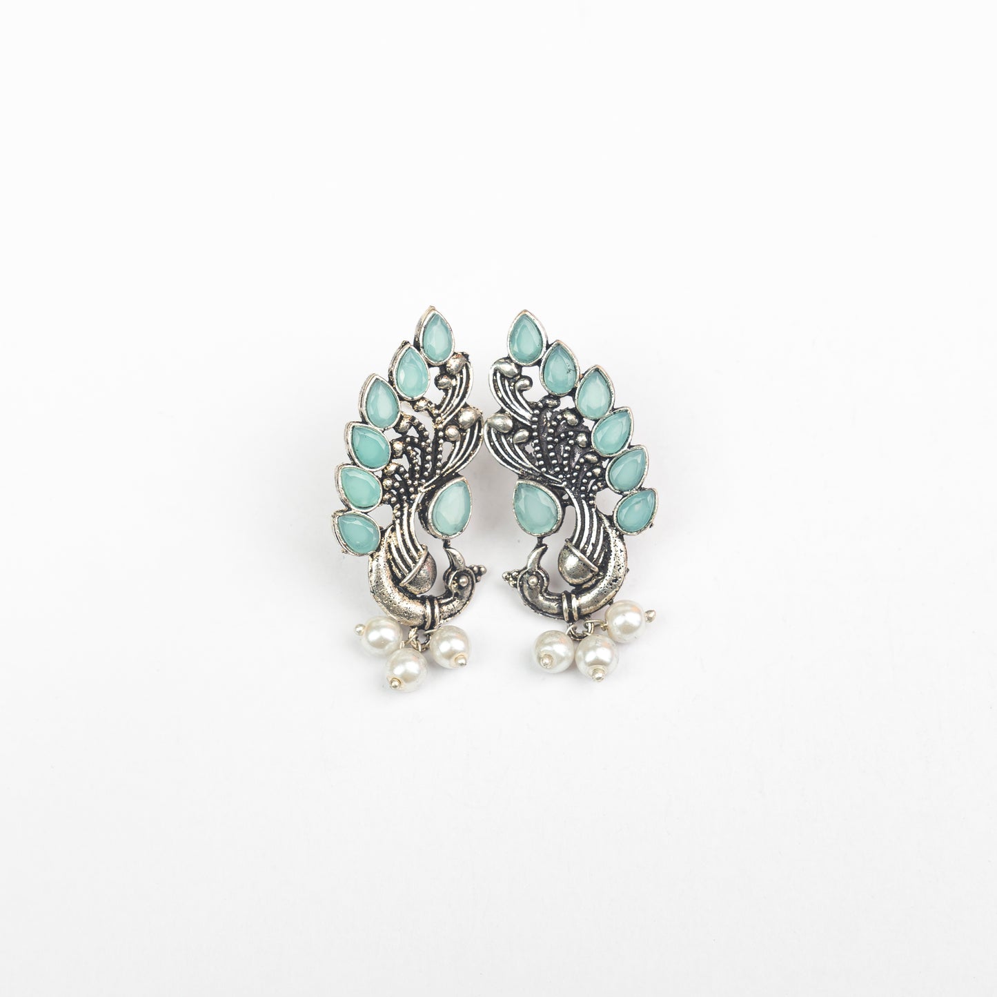 Mint Stone Studded Peacock Motif Stud Earrings With Hanging Pearls