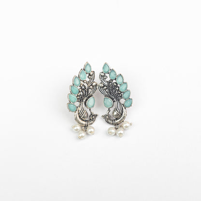 Mint Stone Studded Peacock Motif Stud Earrings With Hanging Pearls