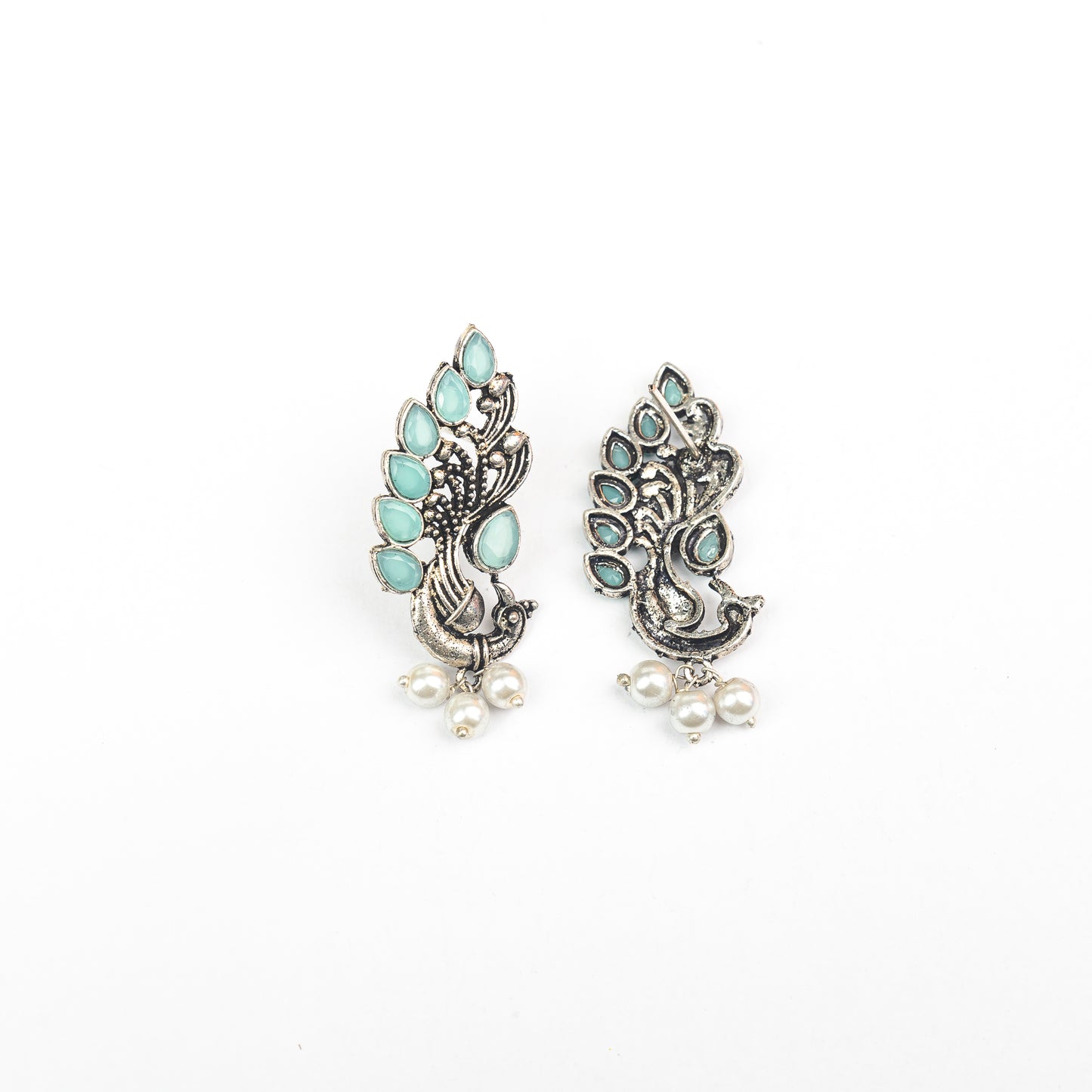 Mint Stone Studded Peacock Motif Stud Earrings With Hanging Pearls