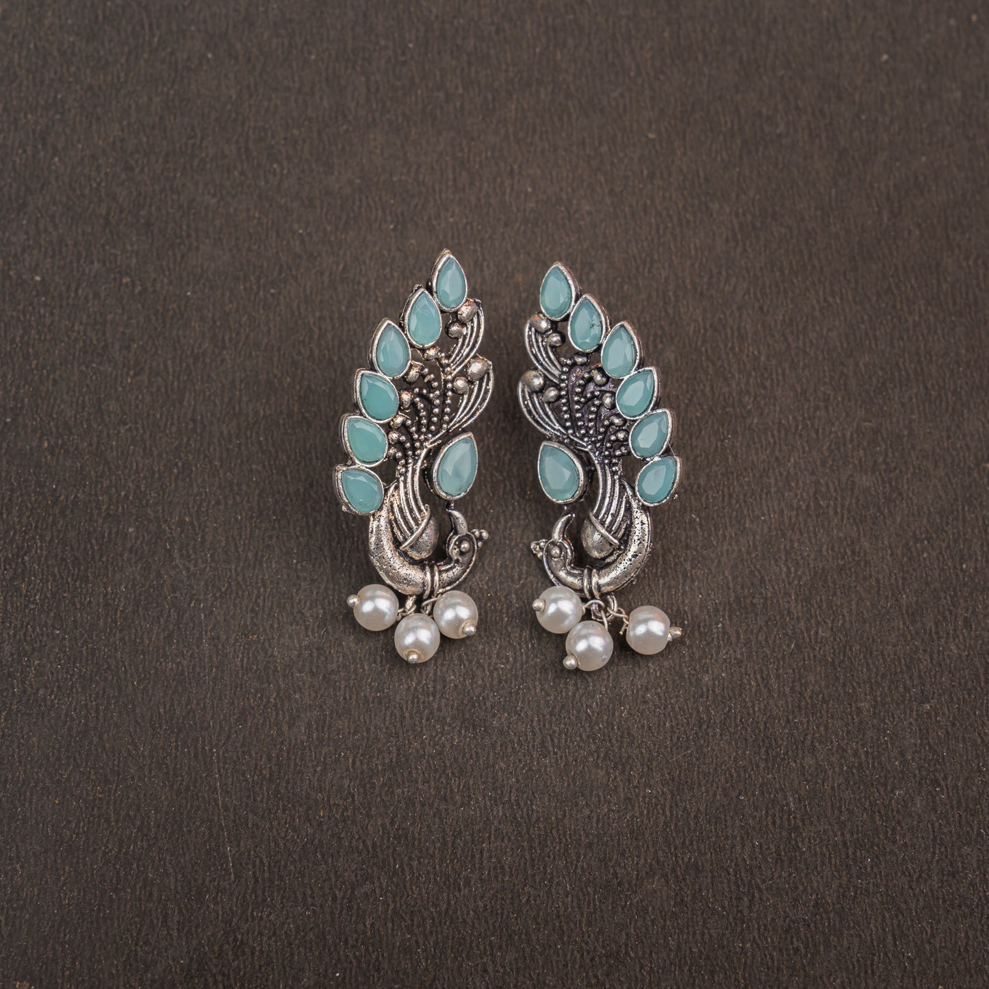 Mint Stone Studded Peacock Motif Stud Earrings With Hanging Pearls