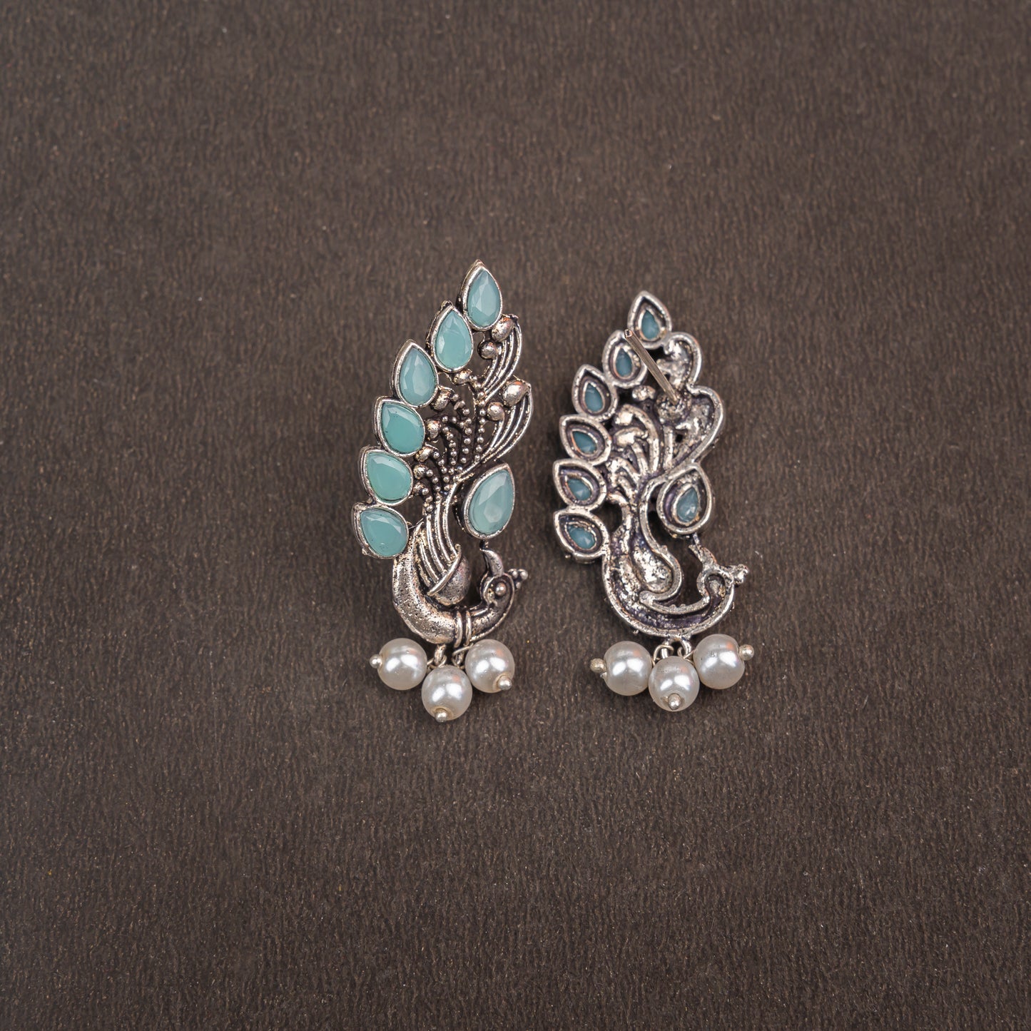 Mint Stone Studded Peacock Motif Stud Earrings With Hanging Pearls