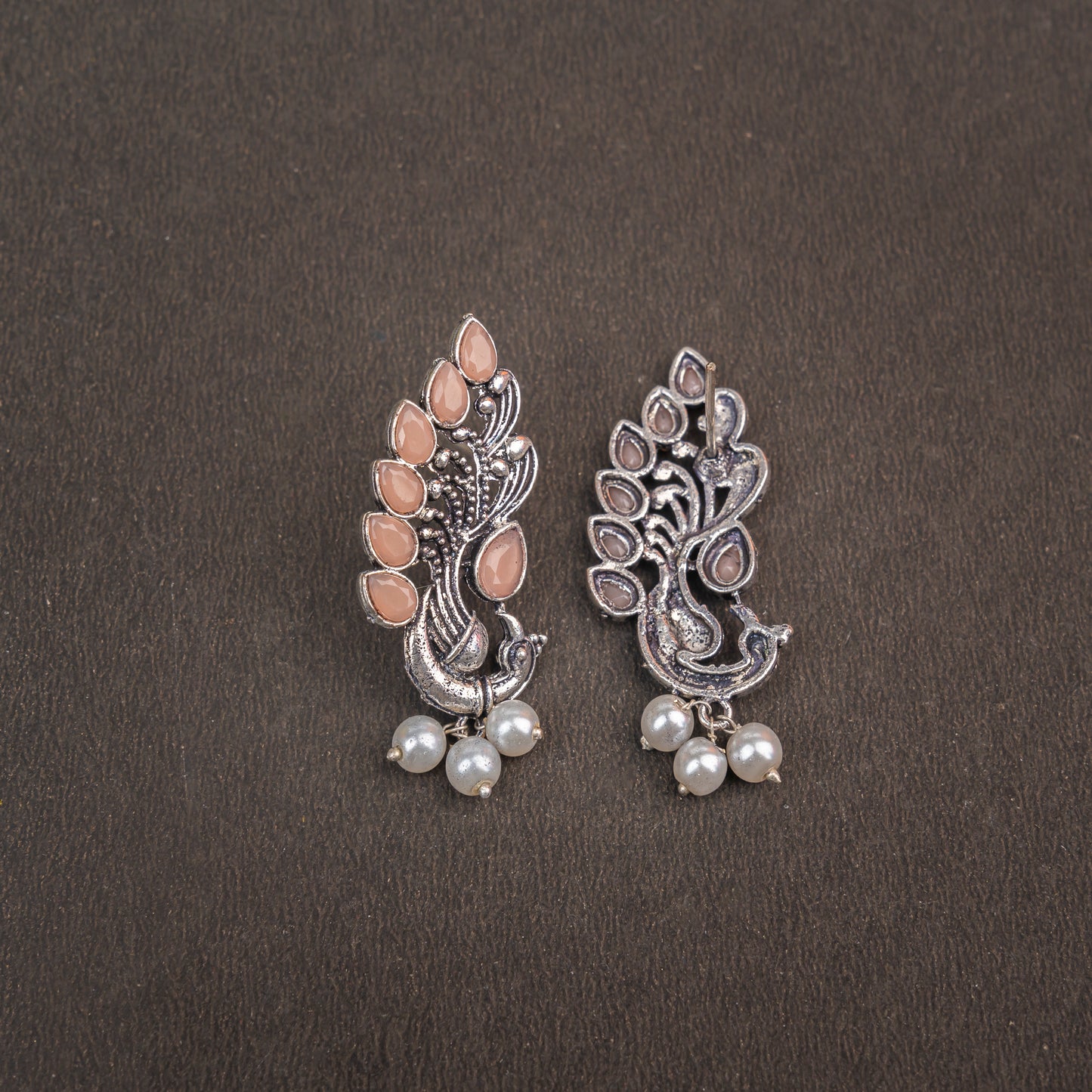 Light Orangish Stone Studded Peacock Motif Stud Earrings With Hanging Pearls