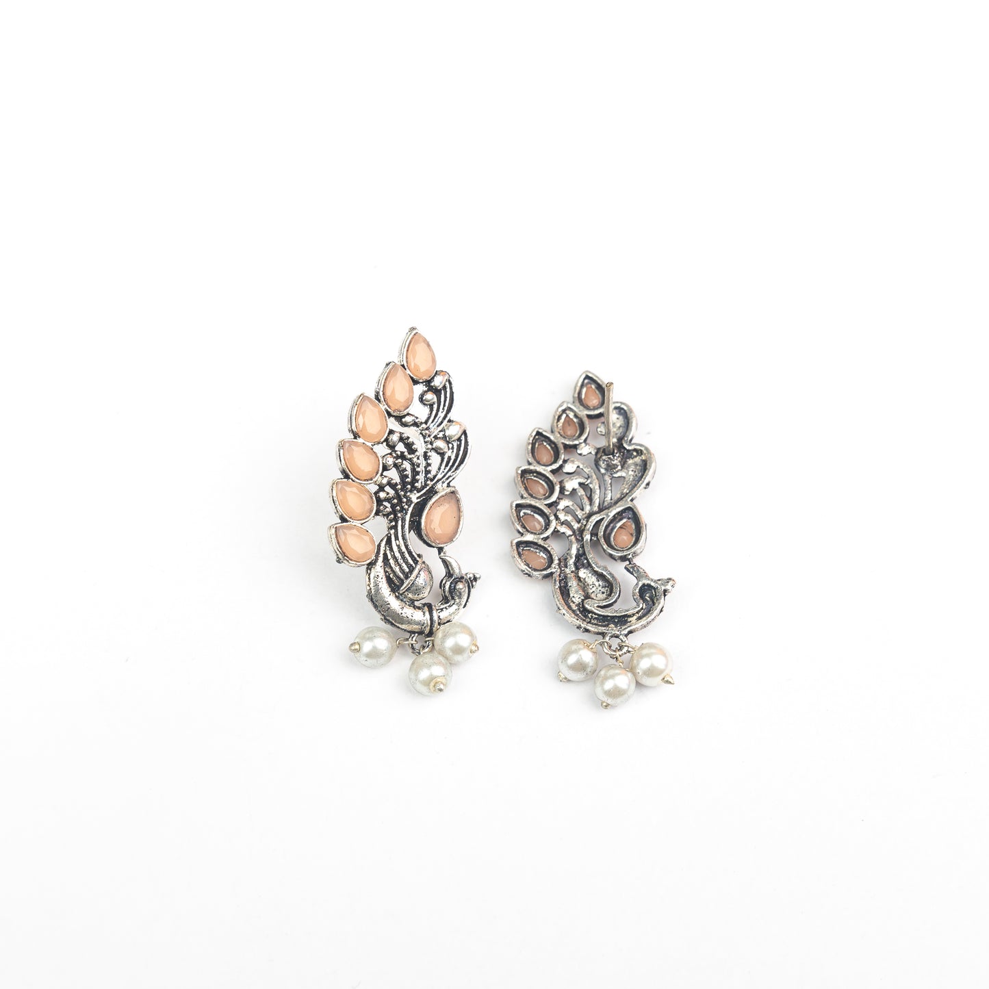 Light Orangish Stone Studded Peacock Motif Stud Earrings With Hanging Pearls