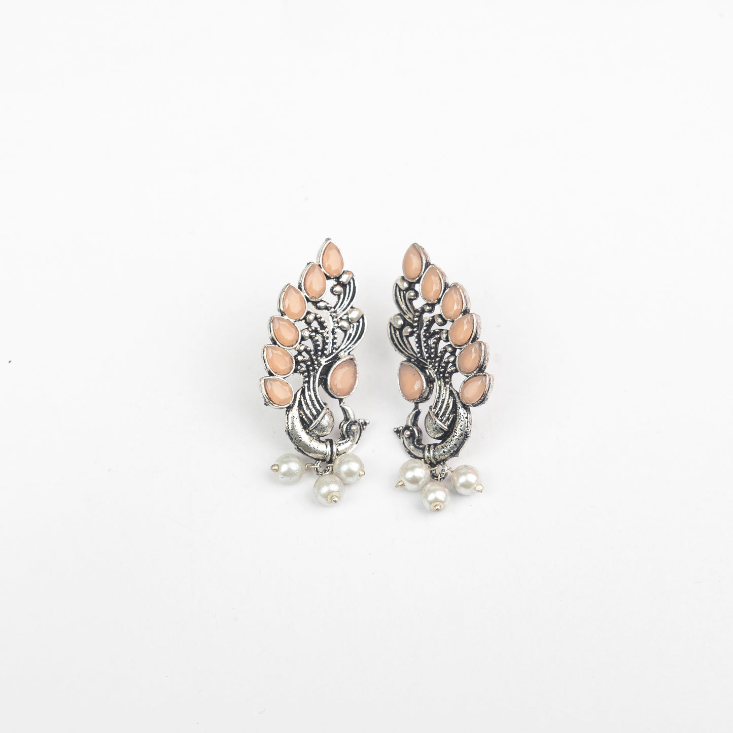 Light Orangish Stone Studded Peacock Motif Stud Earrings With Hanging Pearls