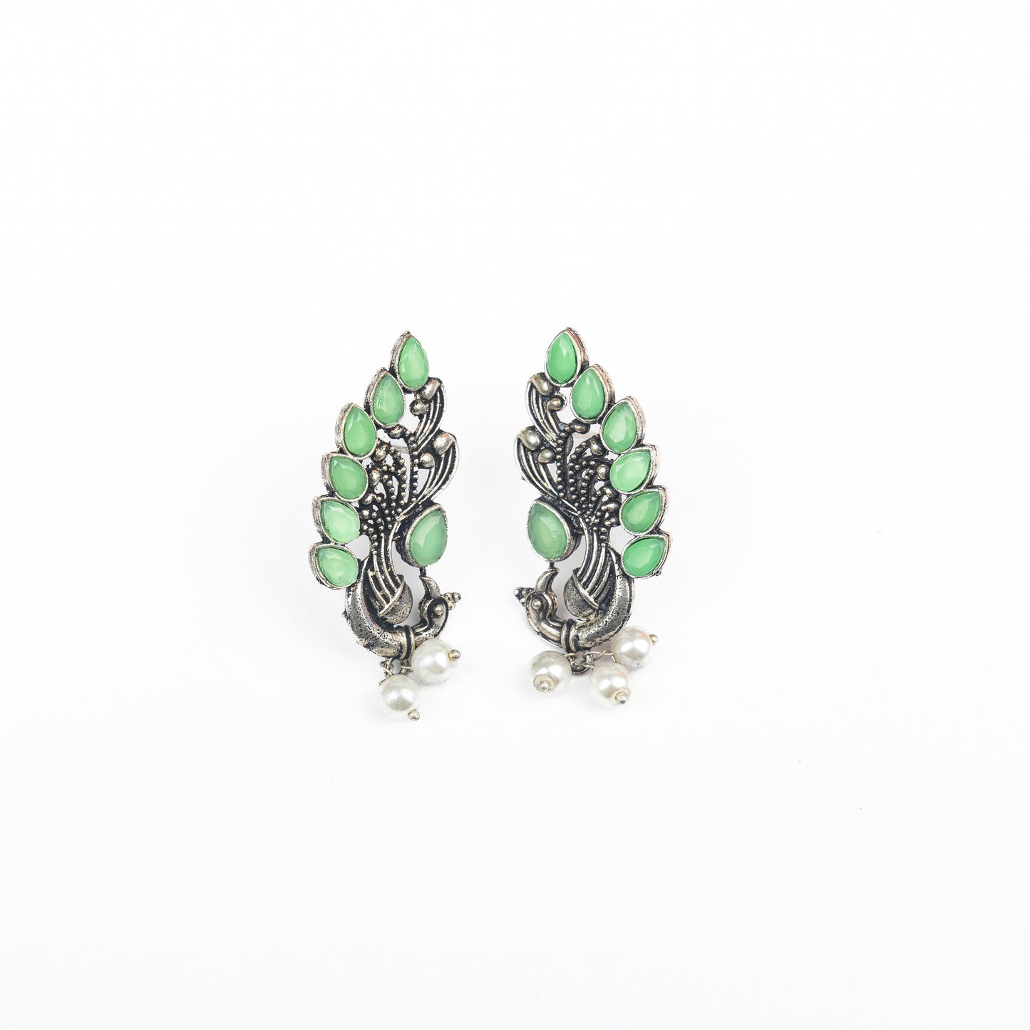 Pista Stone Studded Peacock Motif Stud Earrings With Hanging Pearls