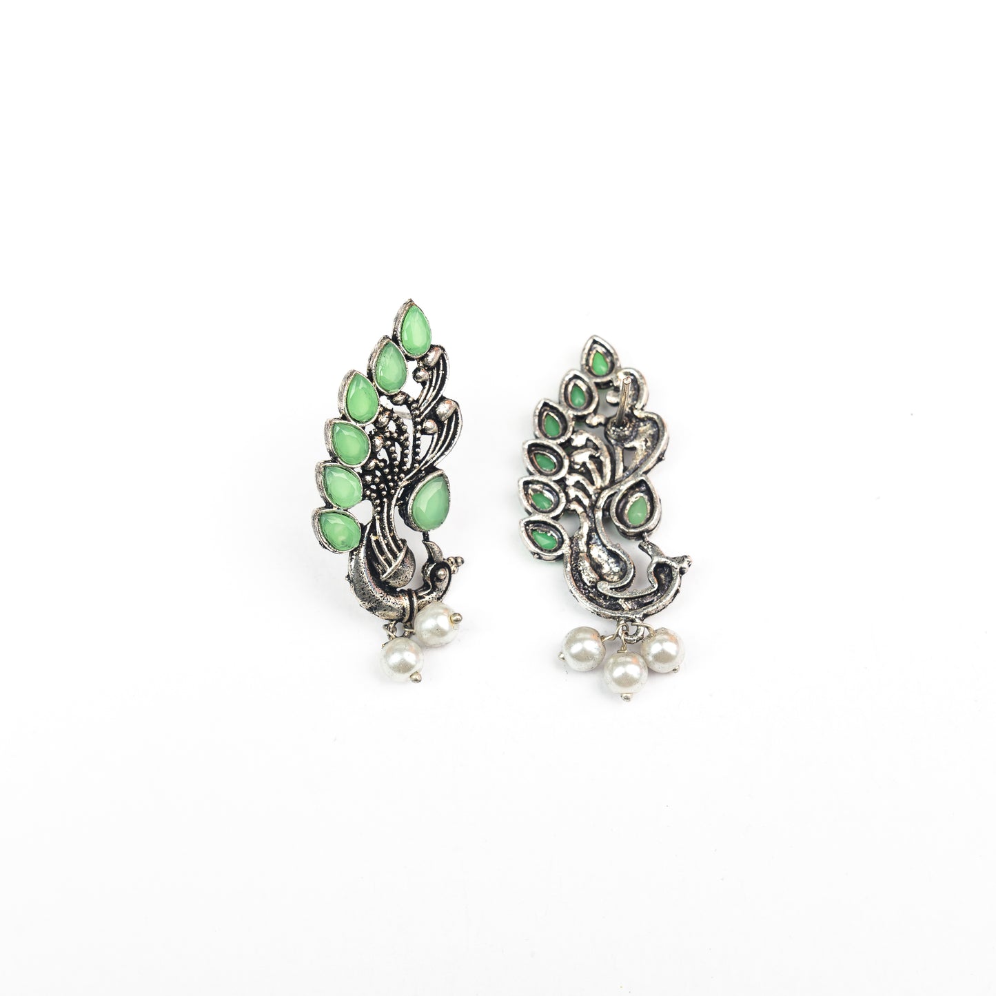 Pista Stone Studded Peacock Motif Stud Earrings With Hanging Pearls