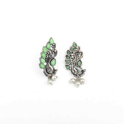 Pista Stone Studded Peacock Motif Stud Earrings With Hanging Pearls