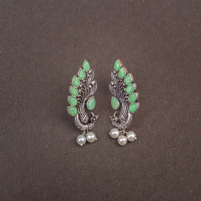 Pista Stone Studded Peacock Motif Stud Earrings With Hanging Pearls