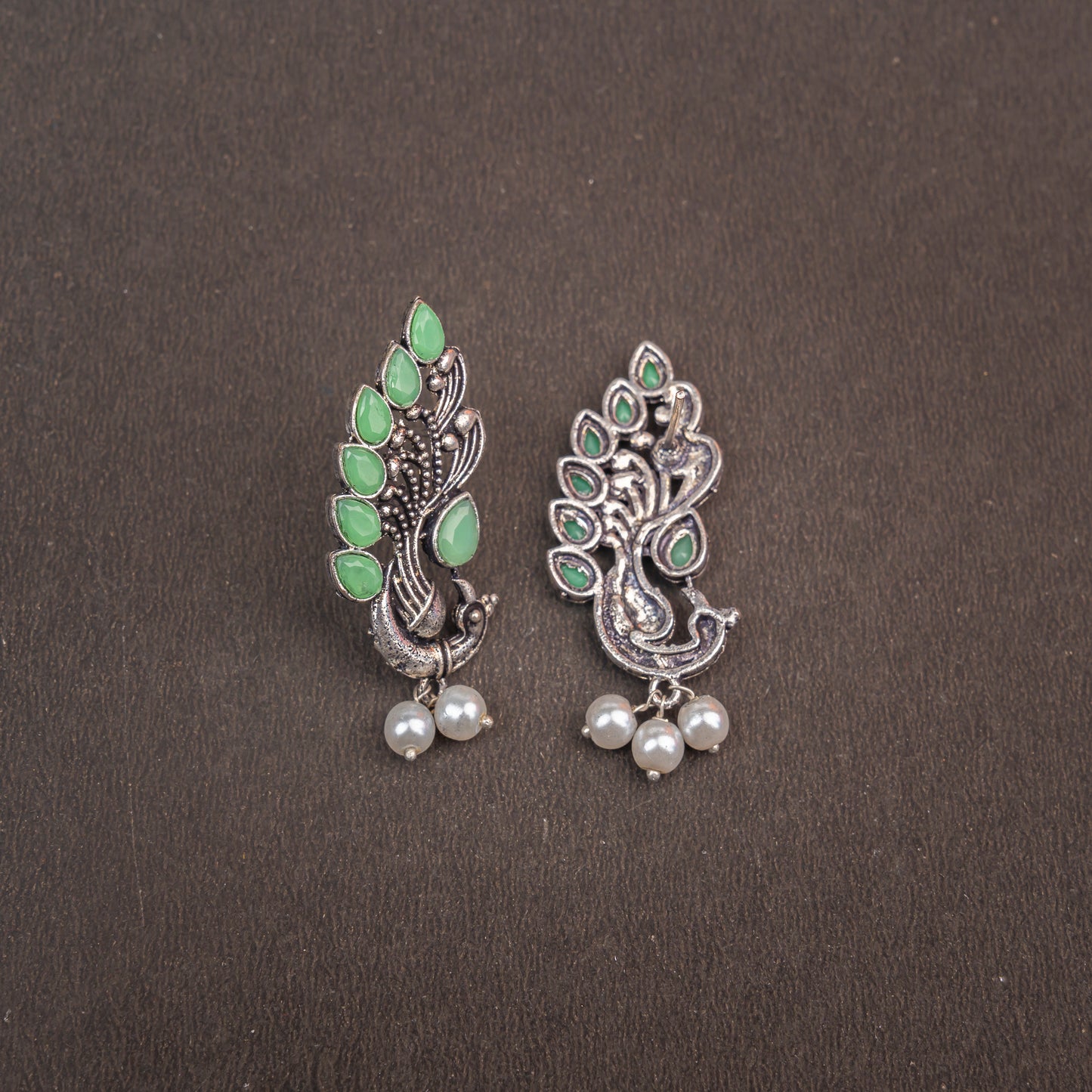 Pista Stone Studded Peacock Motif Stud Earrings With Hanging Pearls