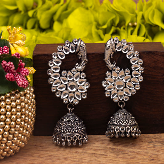 White Stone Studded Peacock German Silver Earrings