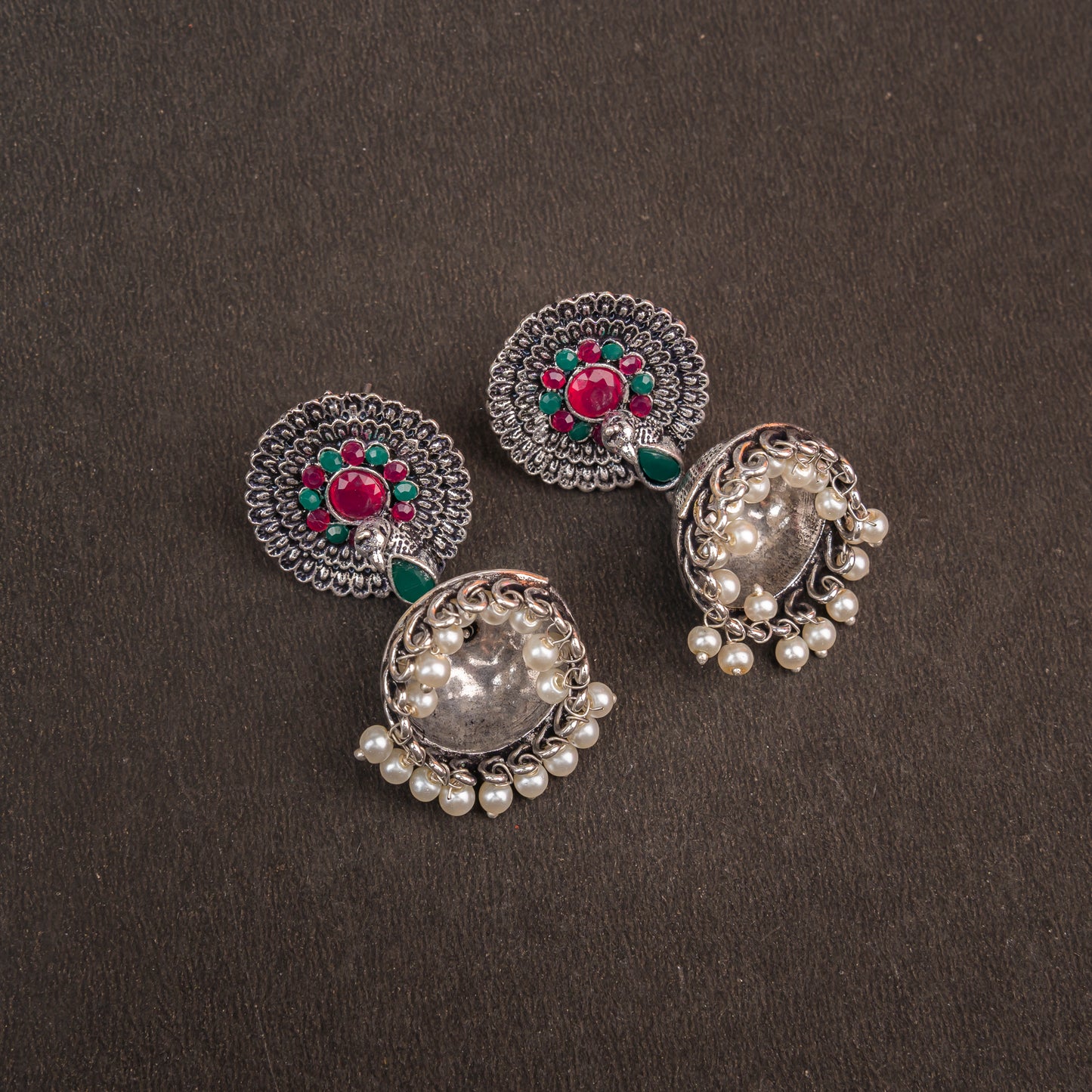 Multi Stone Embellished German Silver Earrings With Hanging Pearls