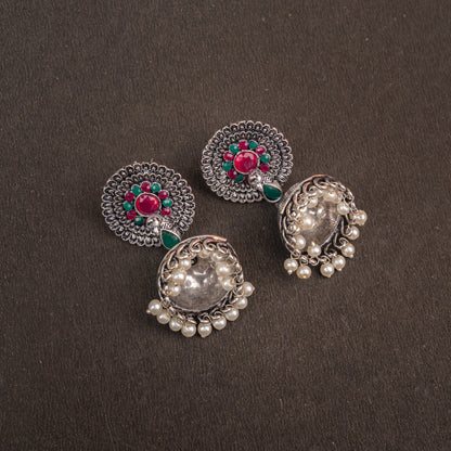 Multi Stone Embellished German Silver Earrings With Hanging Pearls