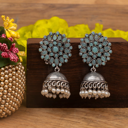 Mint Stone Studded German Silver Statement Earrings With Brass Jhumki