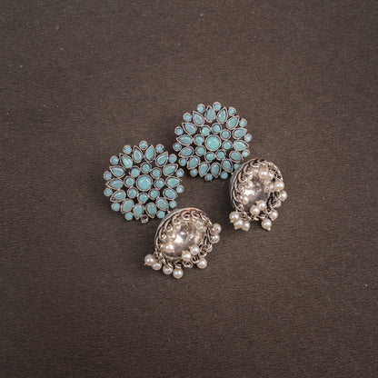 Mint Stone Studded German Silver Statement Earrings With Brass Jhumki