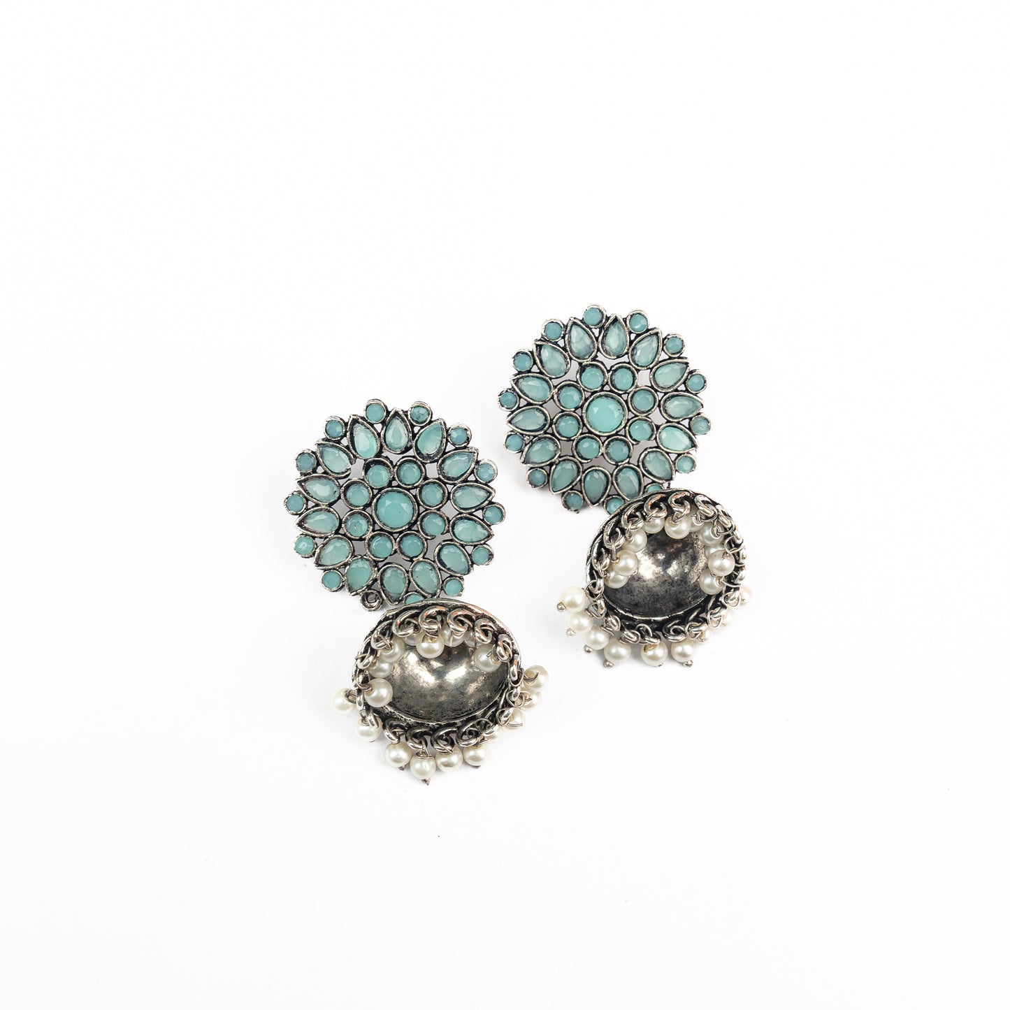 Mint Stone Studded German Silver Statement Earrings With Brass Jhumki