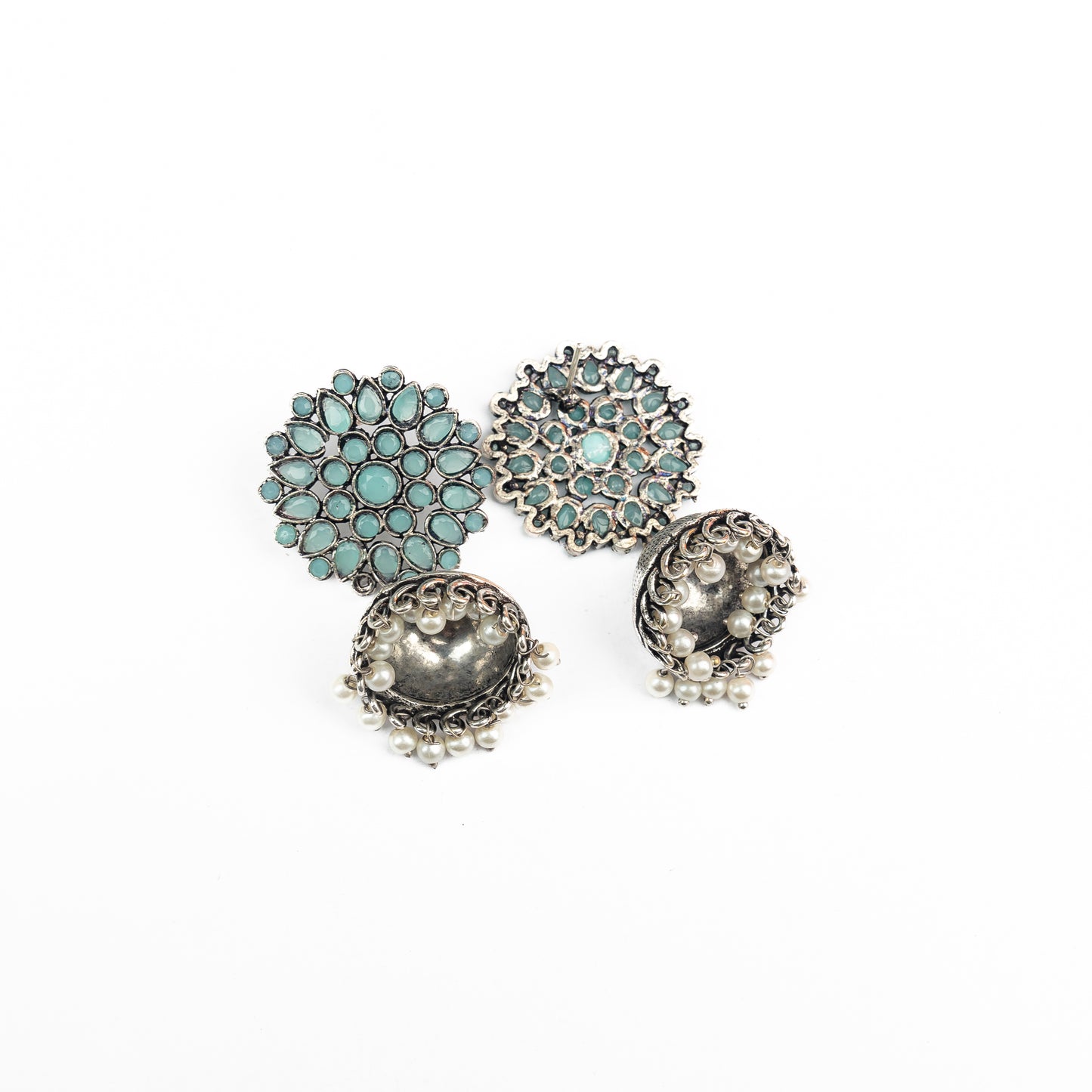 Mint Stone Studded German Silver Statement Earrings With Brass Jhumki