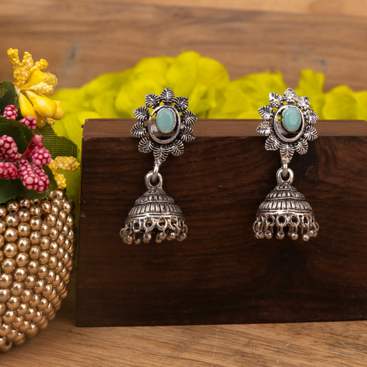 Mint Stone Studded Oxidised Dangler Earrings