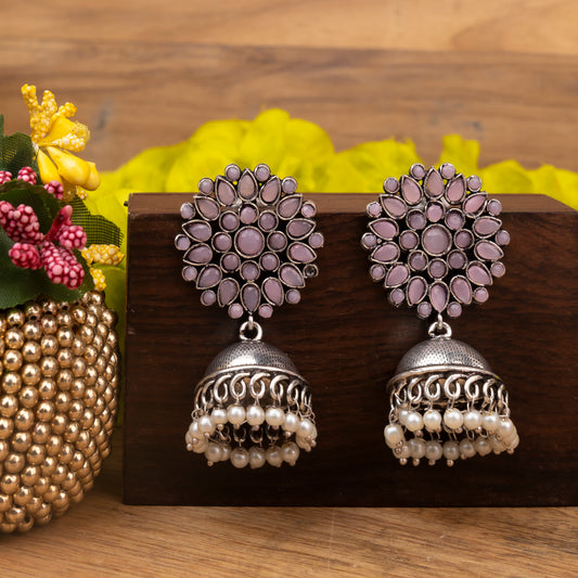 Baby Pink Stone Studded German Silver Statement Earrings With Brass Jhumki