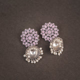 Baby Pink Stone Studded German Silver Statement Earrings With Brass Jhumki