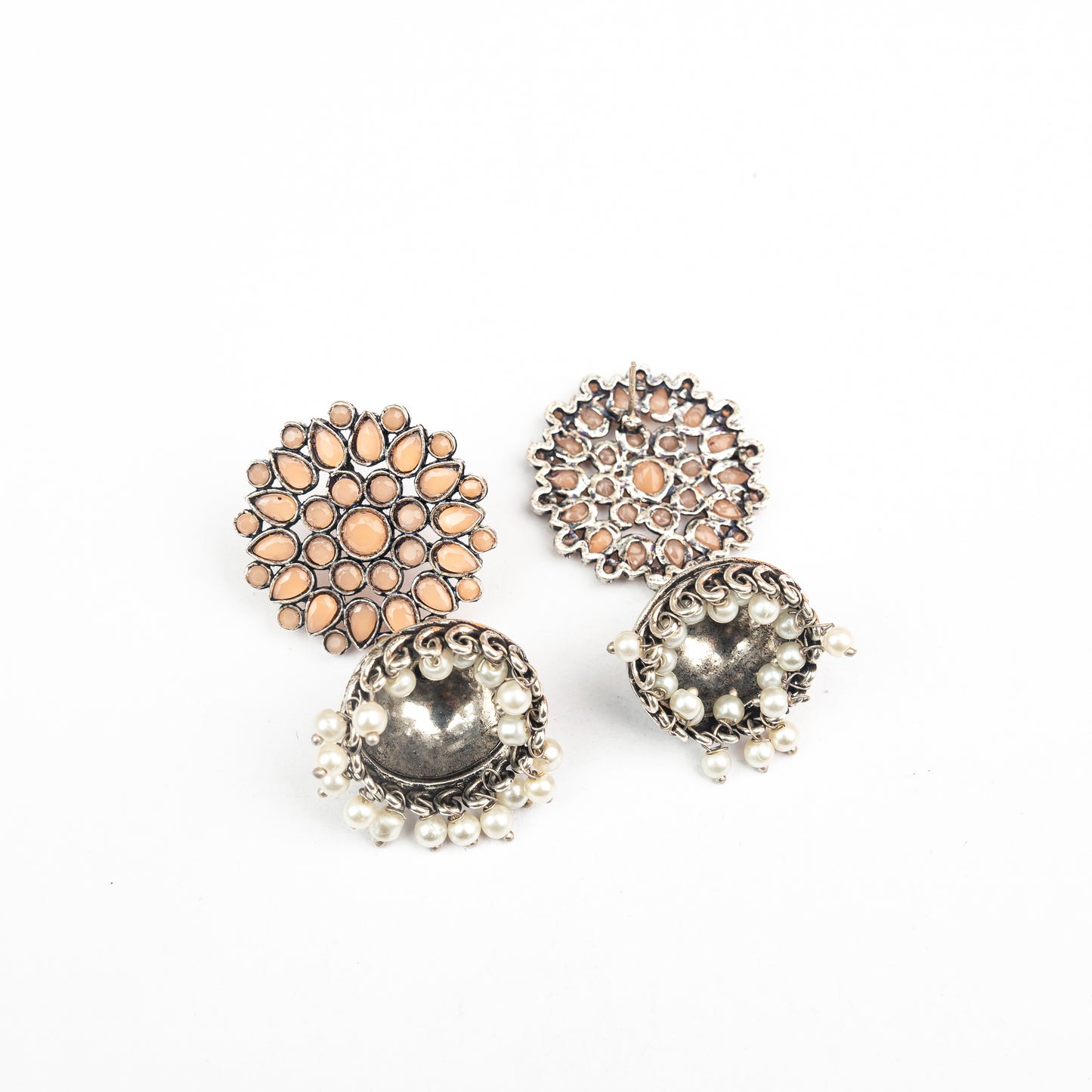 Light Orangish Stone Studded German Silver Statement Earrings With Brass Jhumki