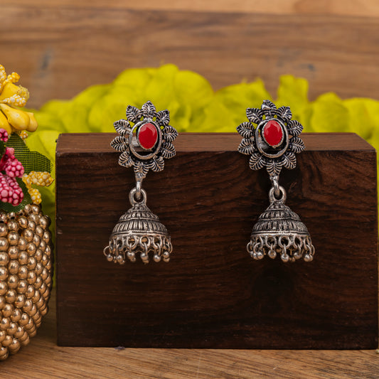 Dark Red Stone Studded Oxidised Dangler Earrings