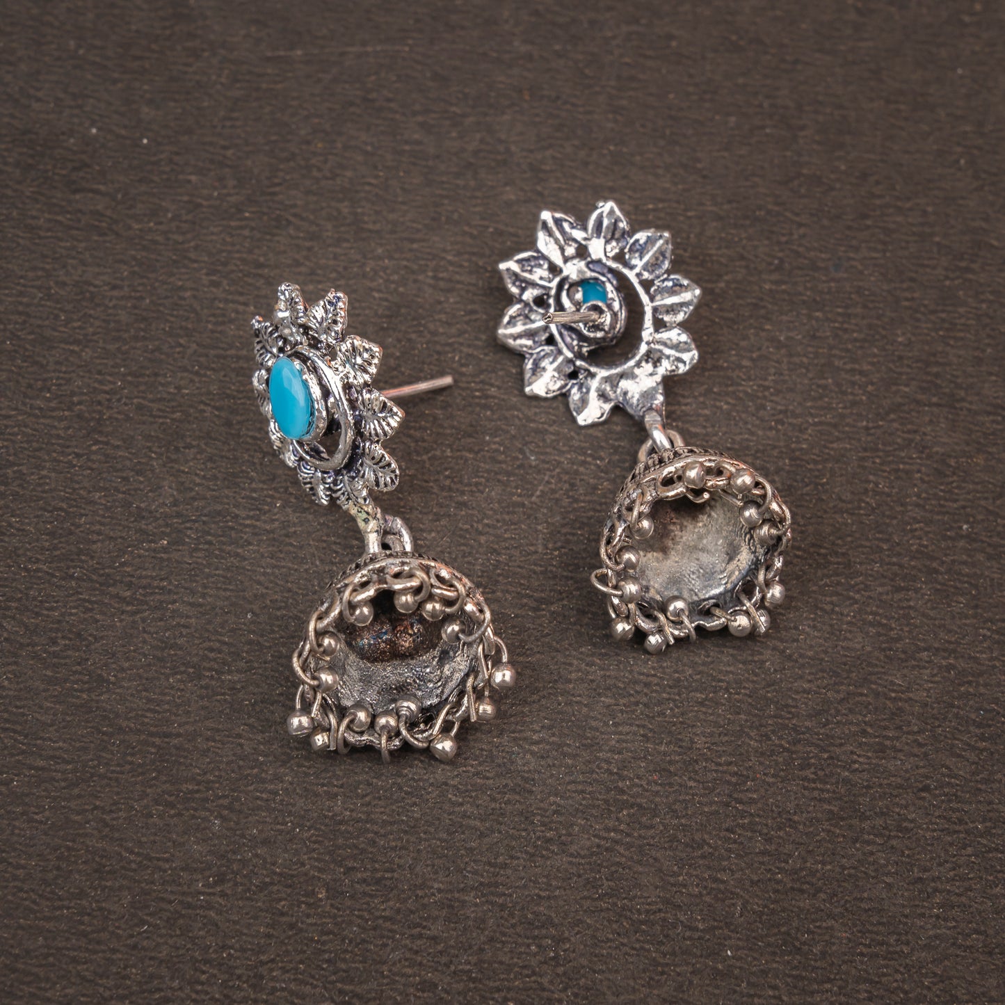 Sky Blue Stone Studded Oxidised Dangler Earrings