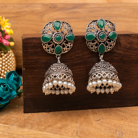 Green Stone Studded Statement Earrings With Hanging Jhumka Embellished With Baby Pearls