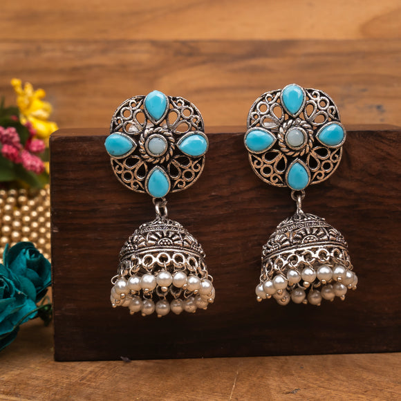 Sky Blue Stone Studded Statement Earrings With Hanging Jhumka Embellished With Baby Pearls