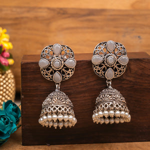 Grey Stone Studded Statement Earrings With Hanging Jhumka Embellished With Baby Pearls
