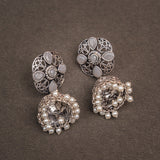 Grey Stone Studded Statement Earrings With Hanging Jhumka Embellished With Baby Pearls
