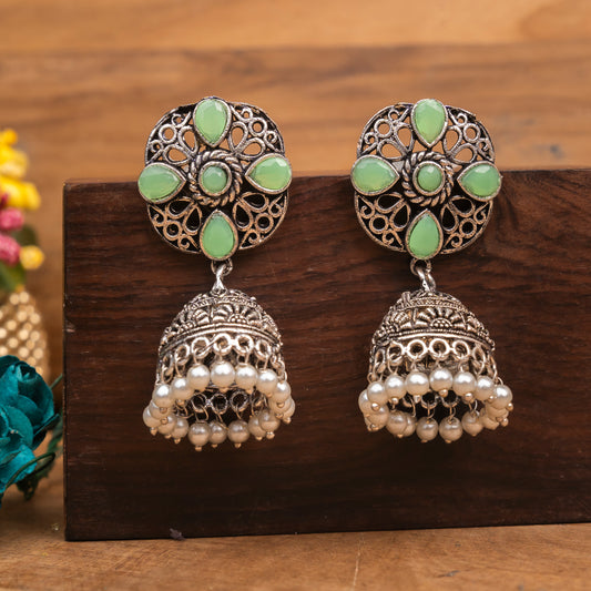 Pista Stone Studded Statement Earrings With Hanging Jhumka Embellished With Baby Pearls