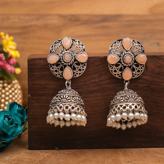 Light Orangish Stone Studded Statement Earrings With Hanging Jhumka Embellished With Baby Pearls