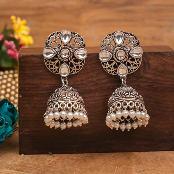 White Stone Studded Statement Earrings With Hanging Jhumka Embellished With Baby Pearls