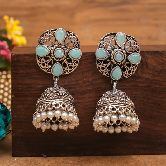 Mint Stone Studded Statement Earrings With Hanging Jhumka Embellished With Baby Pearls