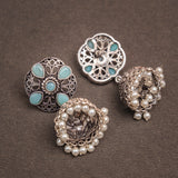 Mint Stone Studded Statement Earrings With Hanging Jhumka Embellished With Baby Pearls