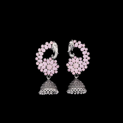 Baby Pink Stone Studded Peacock German Silver Earrings