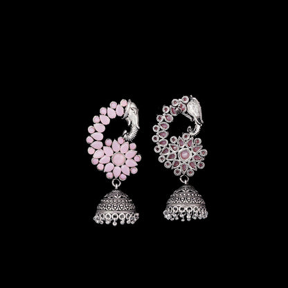 Baby Pink Stone Studded Peacock German Silver Earrings