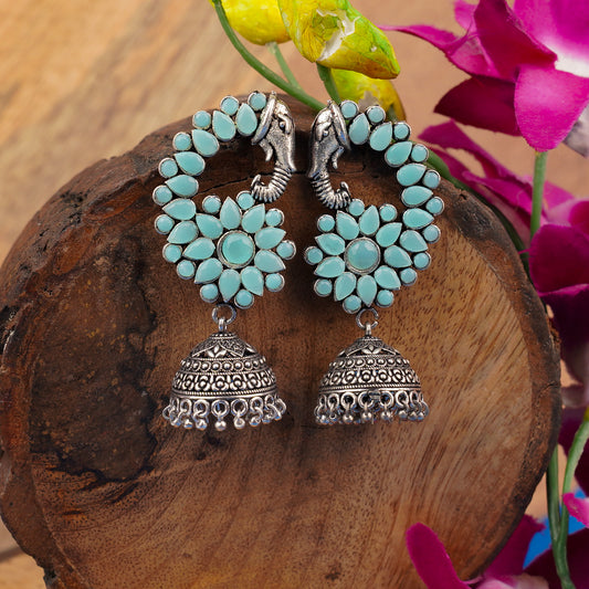 Mint Stone Studded Peacock German Silver Earrings