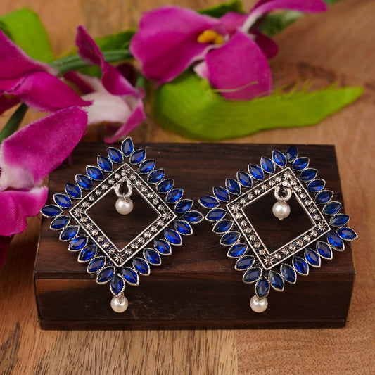 Blue Stone Studded Square German Silver Earrings